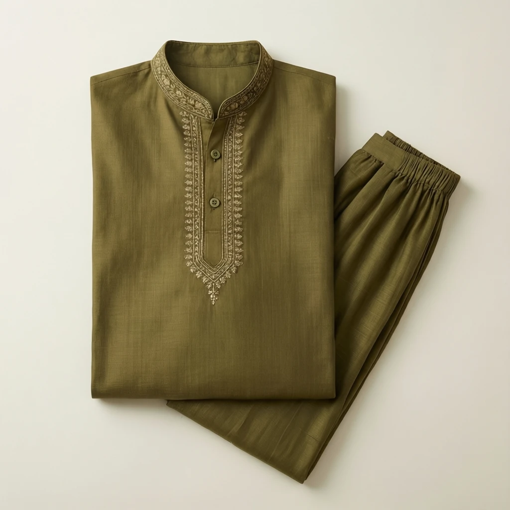 Cotton Straight Kurta Set Olive