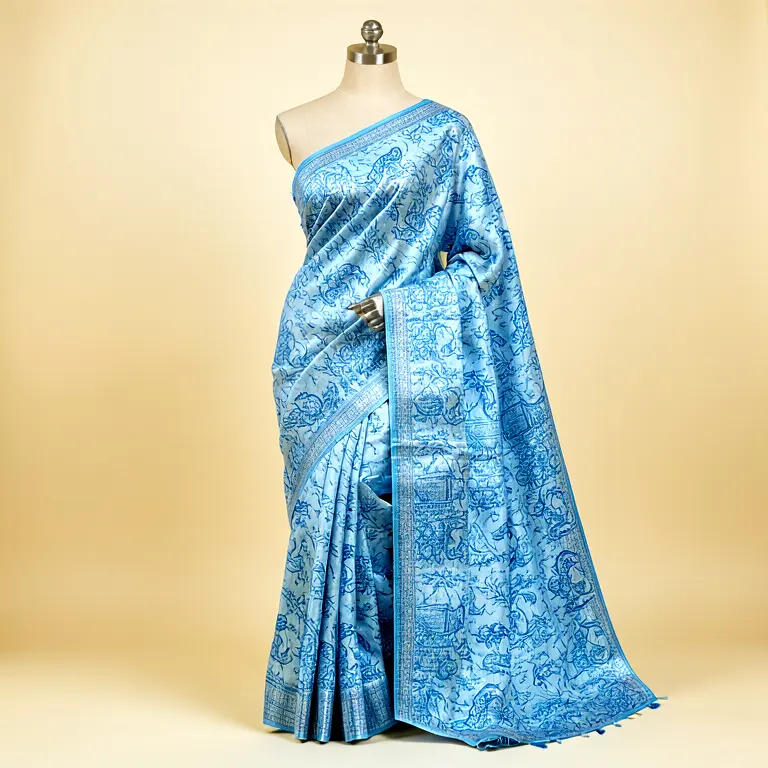 Printed Tant Saree Blue - Image 1