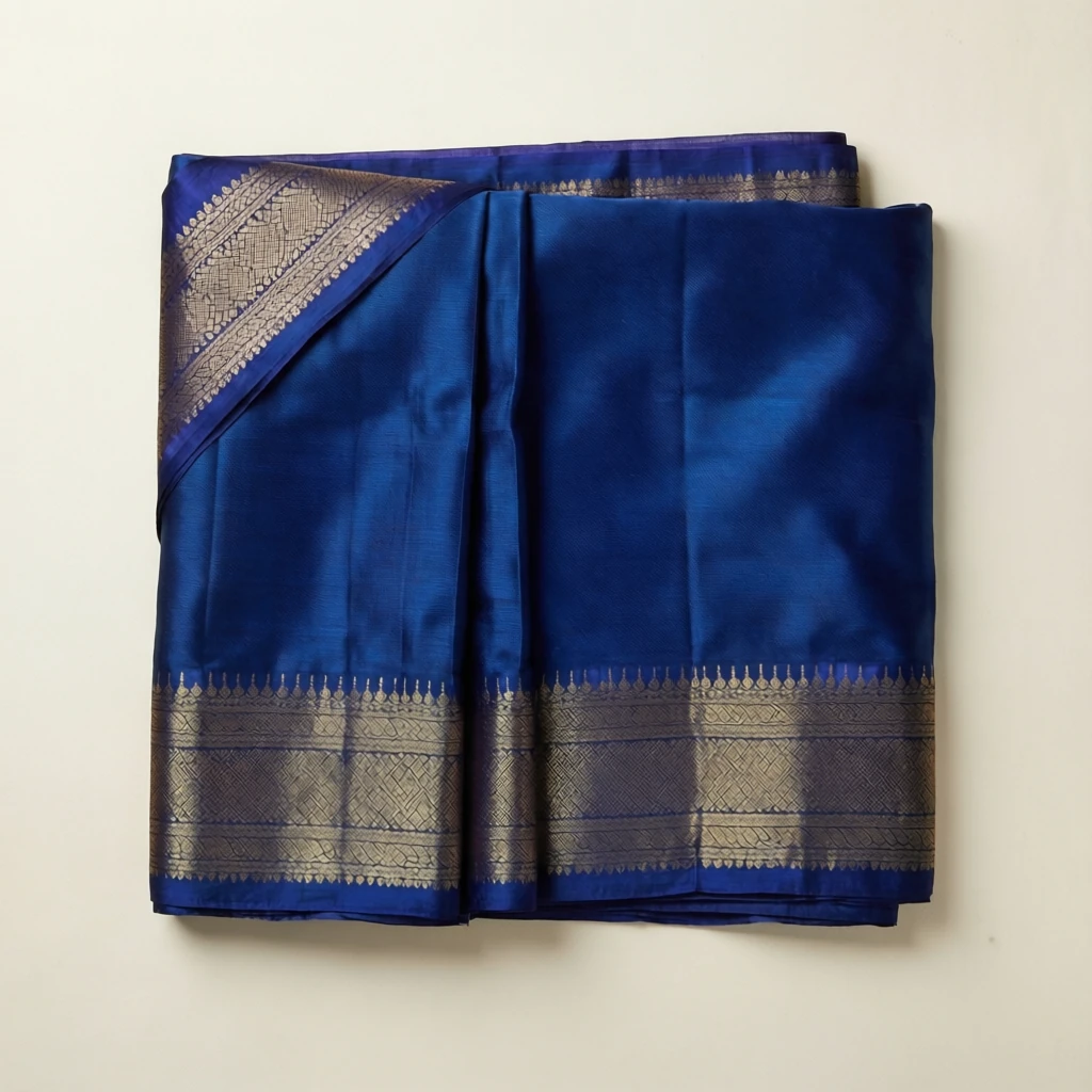 Silk Blend Tant Saree Indigo - Image 1