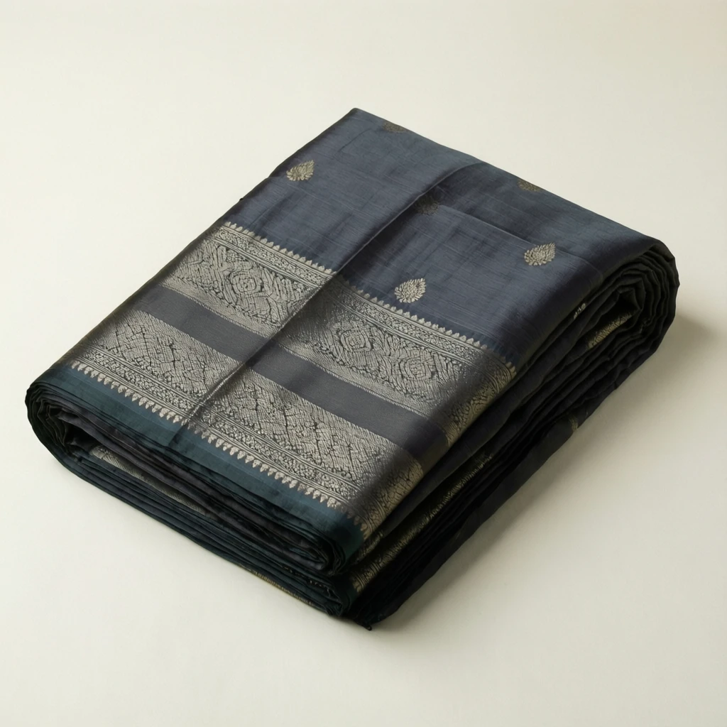 Silk Blend Tant Saree Charcoal - Image 1
