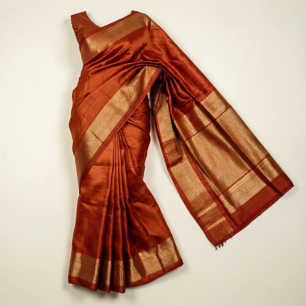 Silk Blend Tant Saree Rust - Image 1