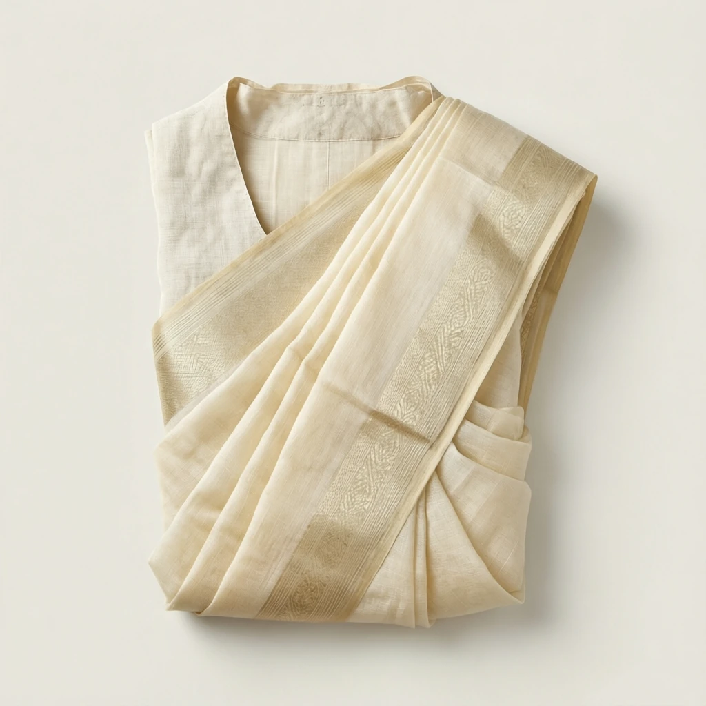 Linen Tant Saree Ivory - Image 1