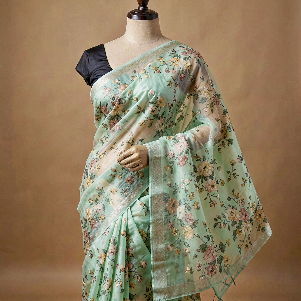 Chiffon Saree - Mint Floral