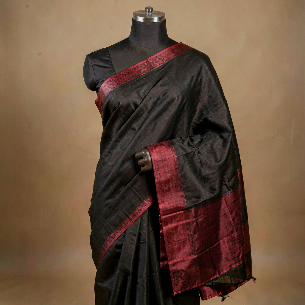 Cotton Saree - Black Red Border
