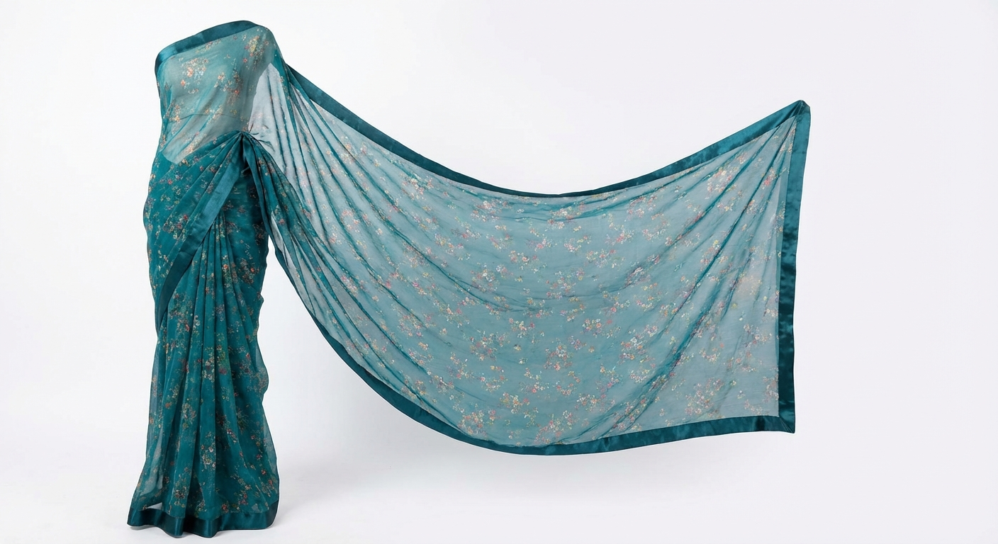 Printed Georgette Saree — Teal Floral
