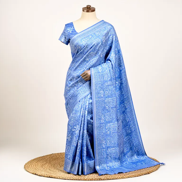 Printed Linen Saree Blue
